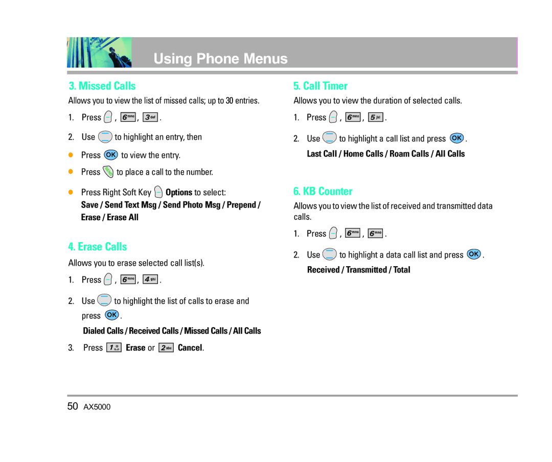 LG Electronics AX5000 manual Missed Calls, Erase Calls, Call Timer, KB Counter 