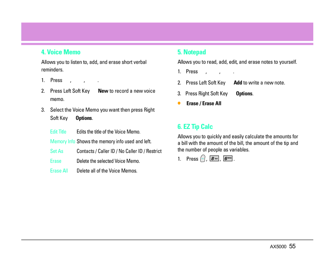 LG Electronics AX5000 manual Voice Memo, EZ Tip Calc, Erase / Erase All 