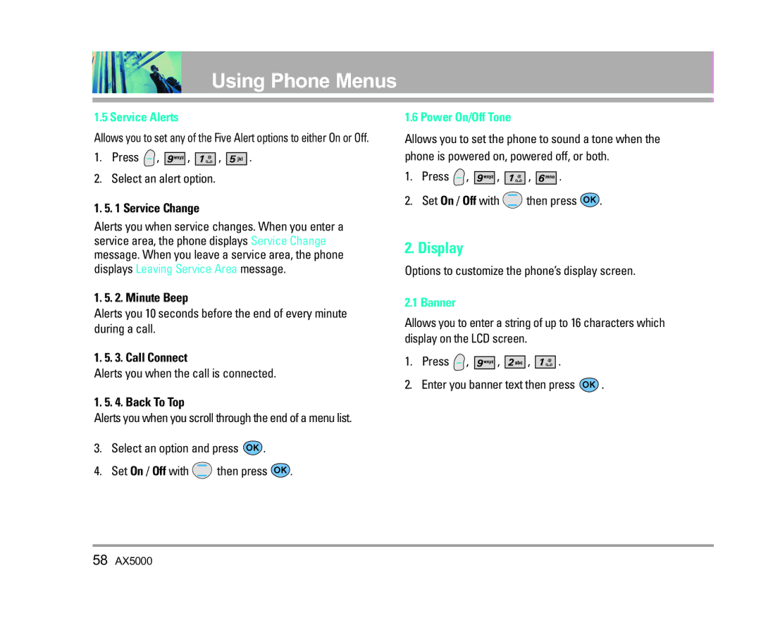 LG Electronics AX5000 manual Display, Service Alerts, Power On/Off Tone, Banner 