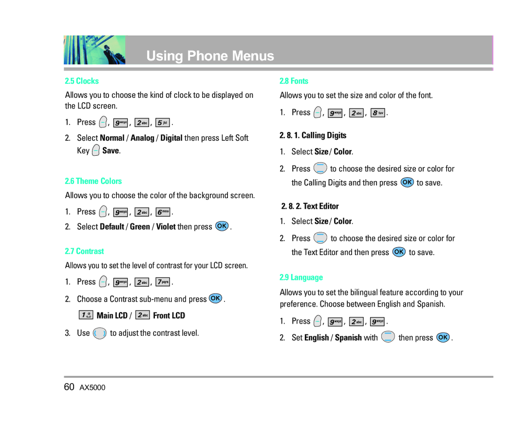 LG Electronics AX5000 manual Clocks, Theme Colors, Contrast, Fonts, Language 