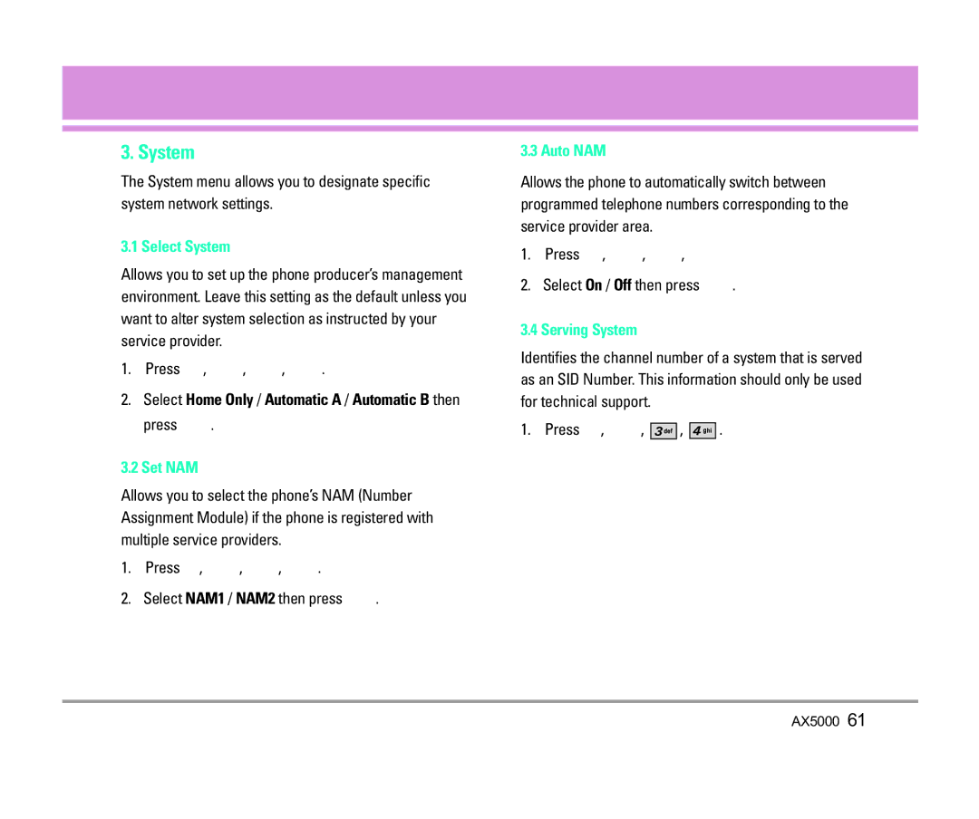 LG Electronics AX5000 manual Select System, Set NAM, Auto NAM, Serving System 