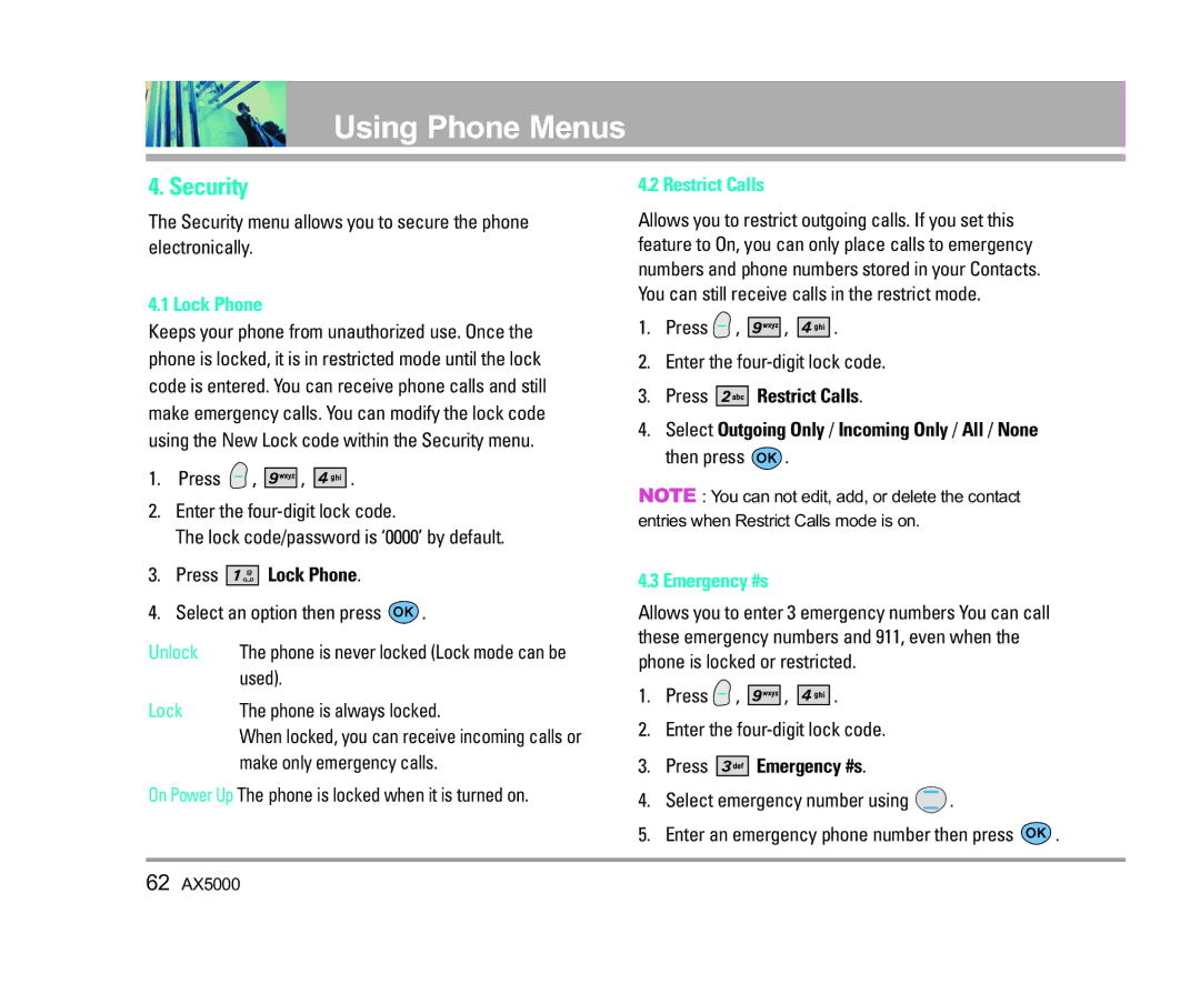 LG Electronics AX5000 manual Security, Lock Phone, Restrict Calls, Emergency #s 