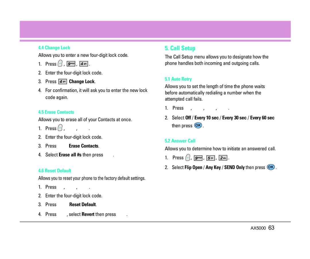 LG Electronics AX5000 manual Call Setup 