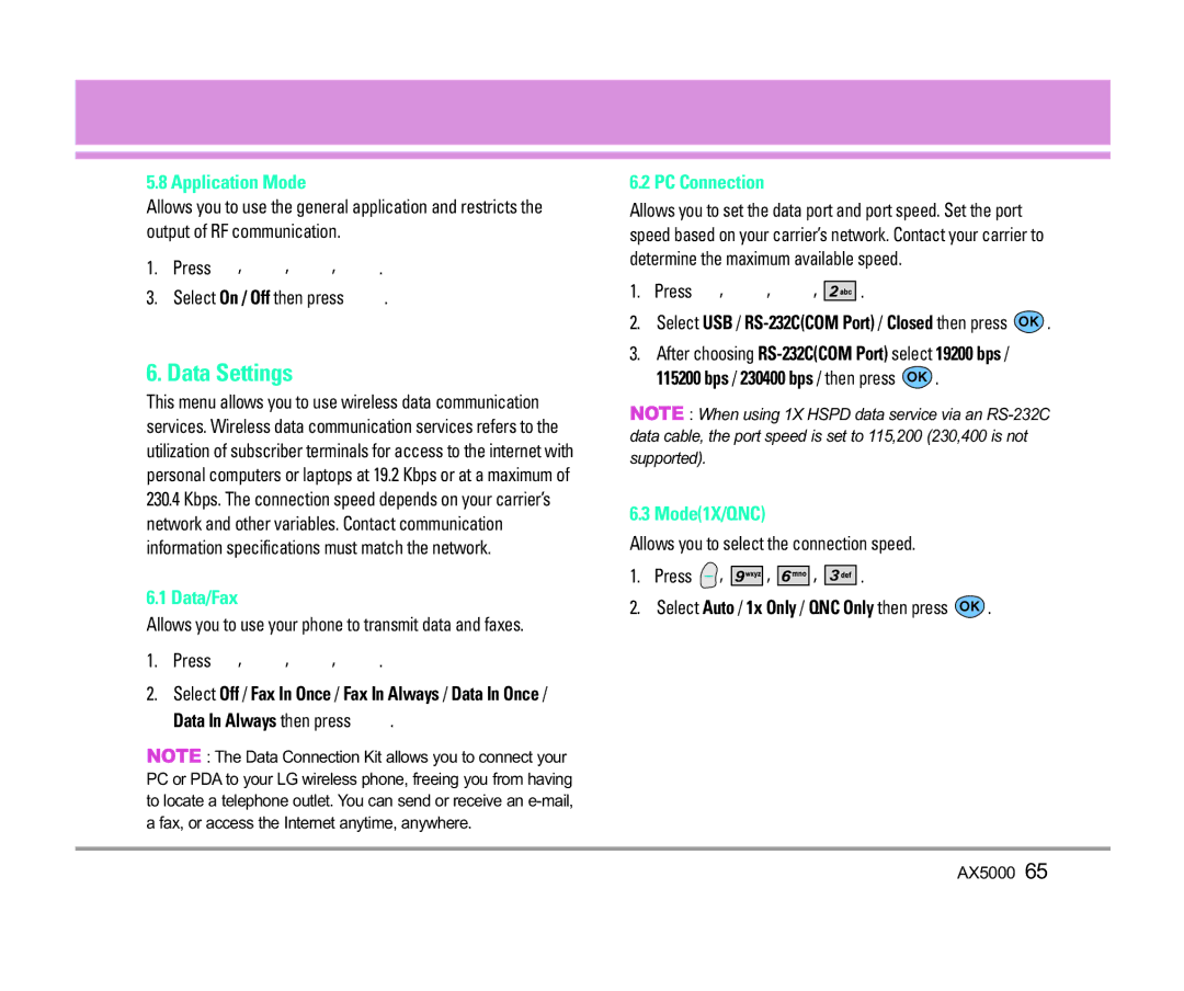 LG Electronics AX5000 manual Data Settings, Application Mode, Data/Fax, PC Connection, Mode1X/QNC 