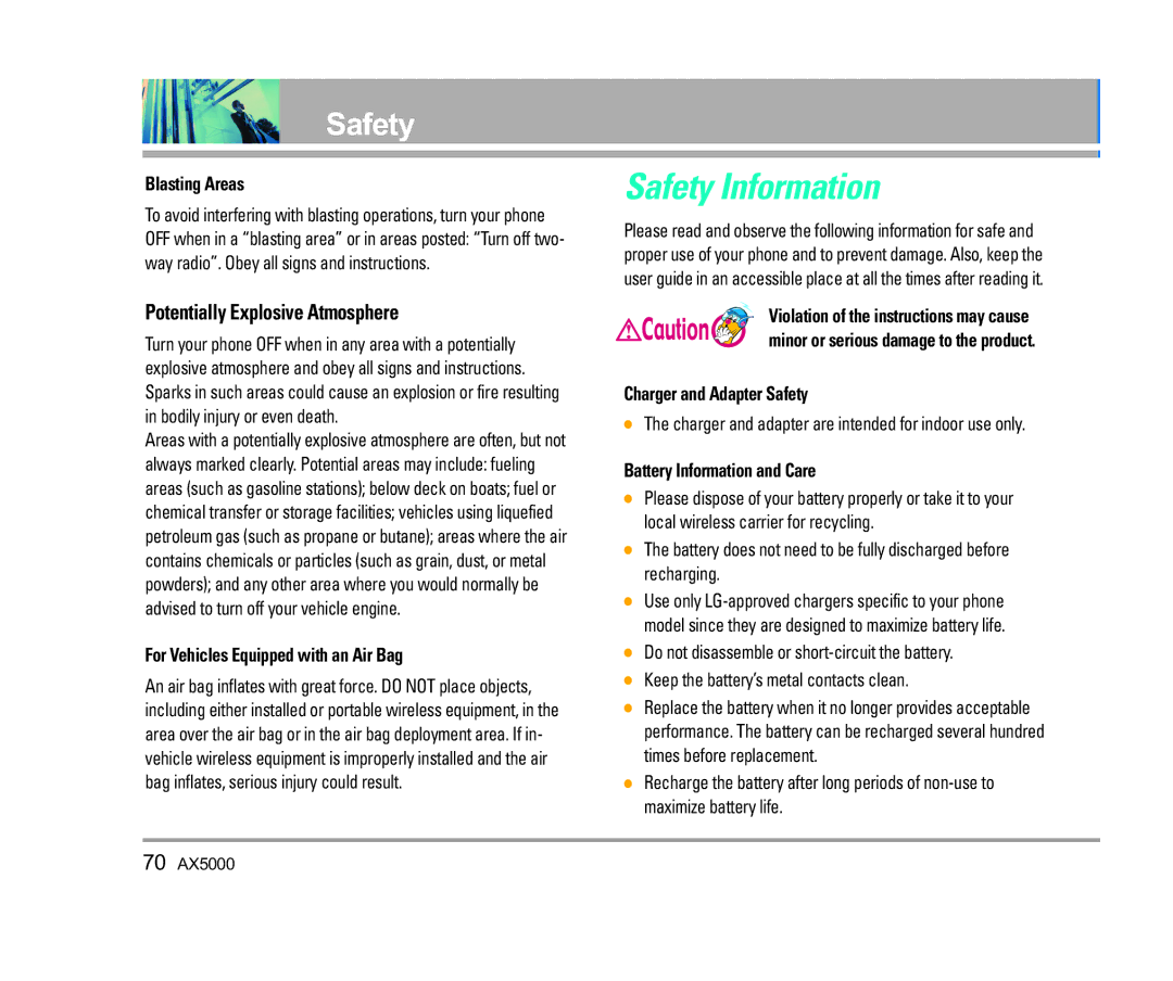 LG Electronics AX5000 manual Safety Information, Potentially Explosive Atmosphere 