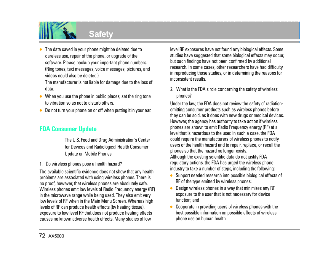 LG Electronics AX5000 manual FDA Consumer Update, Do wireless phones pose a health hazard? 