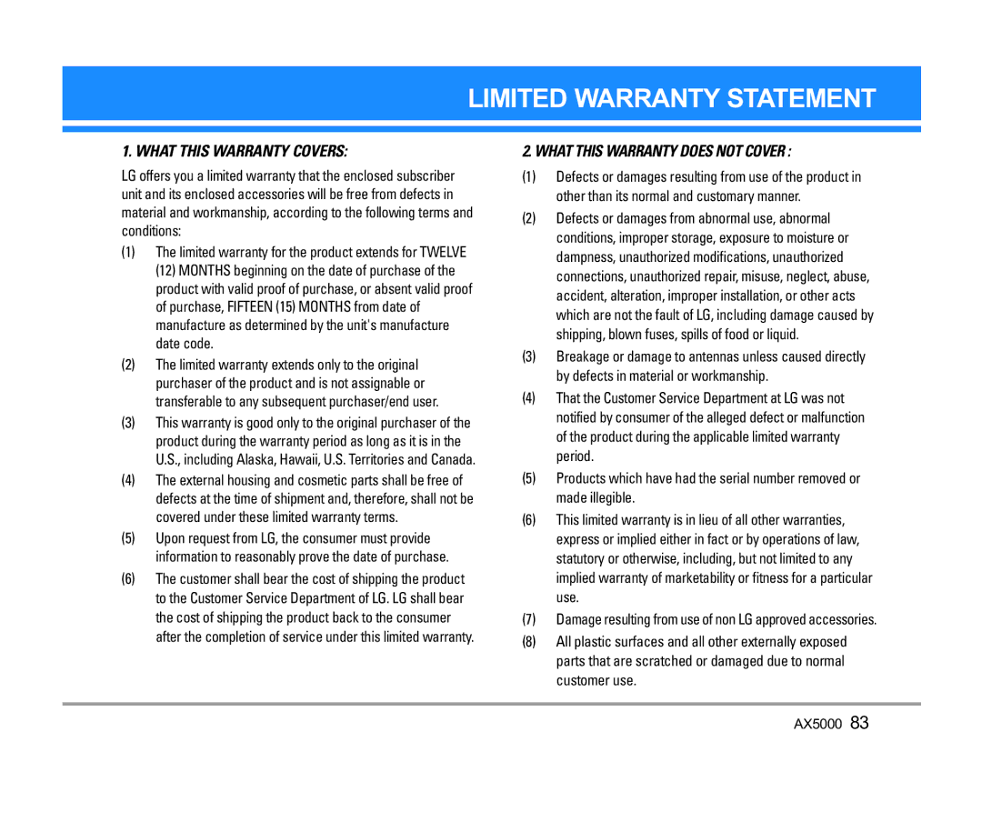 LG Electronics AX5000 manual Limited Warranty Statement 