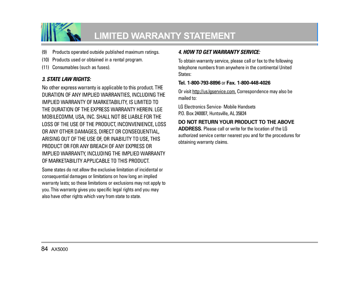 LG Electronics manual Products operated outside published maximum ratings, 84 AX5000 