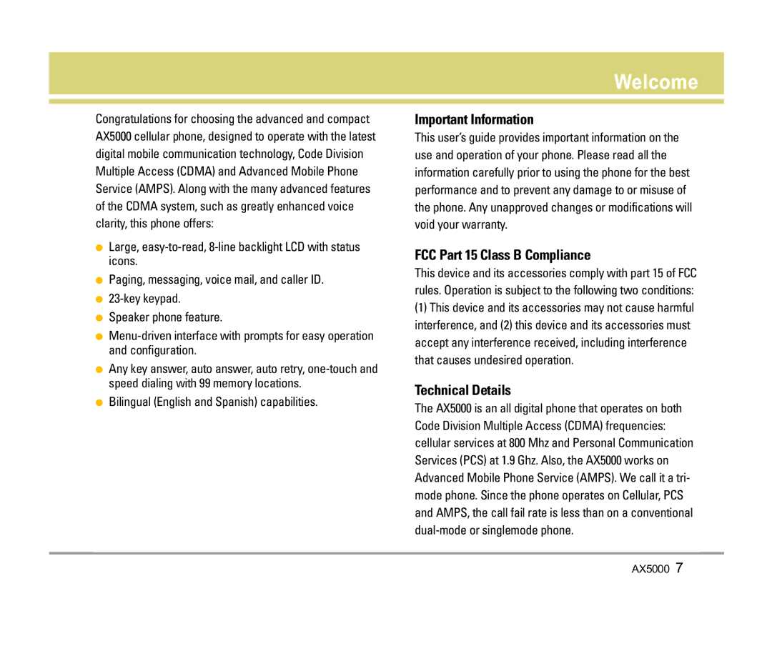 LG Electronics AX5000 manual Welcome, Important Information, FCC Part 15 Class B Compliance, Technical Details 