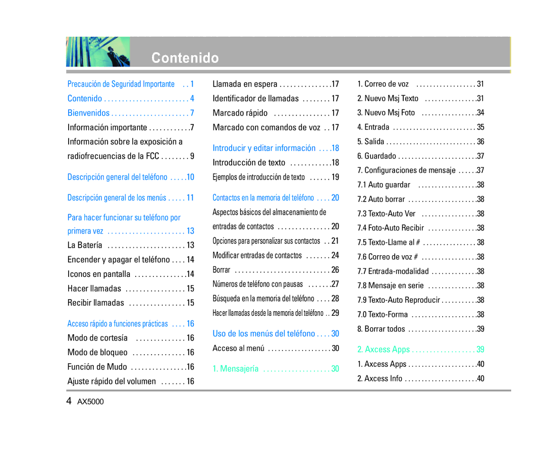 LG Electronics AX5000 manual Contenido, Información sobre la exposición a 