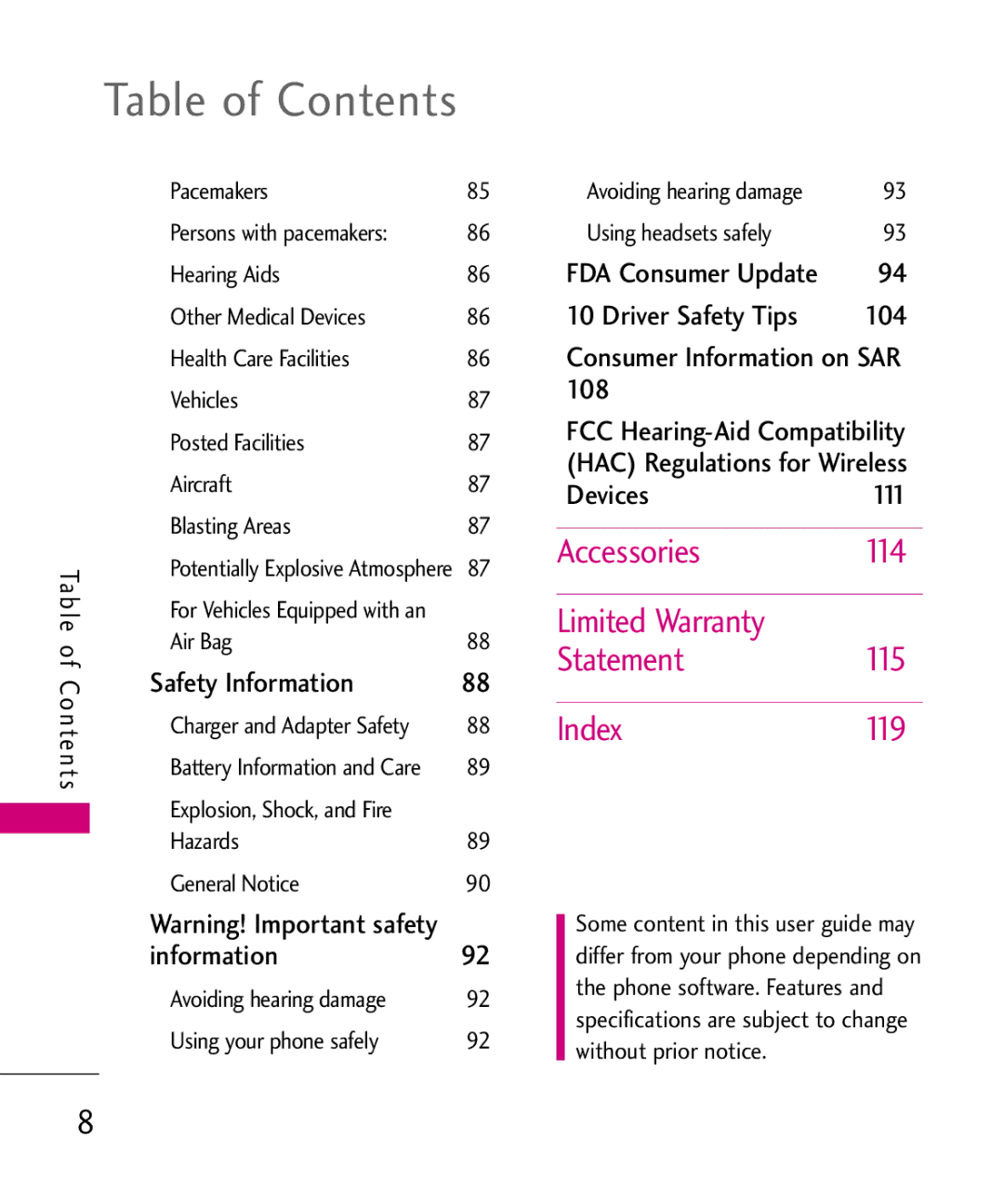 LG Electronics AX565 manual Accessories 114, Statement 115 Index 119, Safety Information, Devices 111 