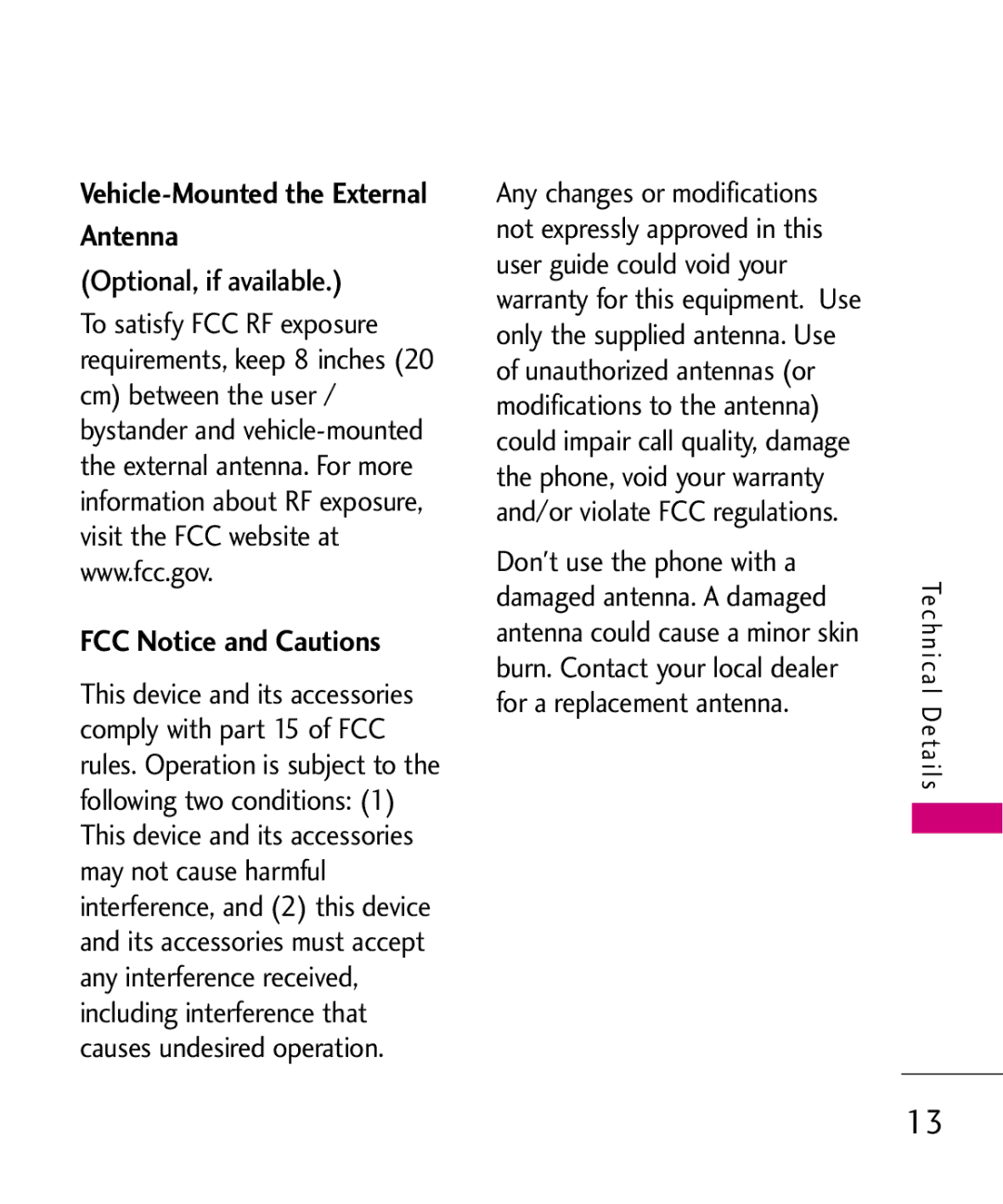 LG Electronics AX565 manual Vehicle-Mounted the External Antenna, Optional, if available, FCC Notice and Cautions 