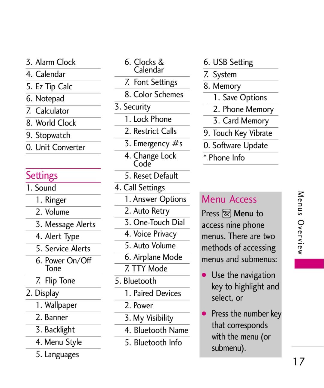 LG Electronics AX565 manual Settings, Menu Access 