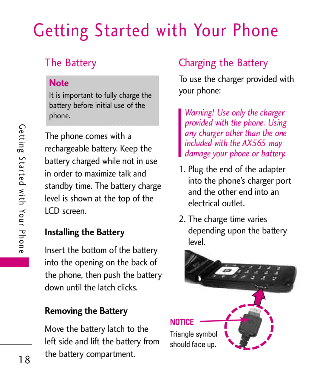 LG Electronics AX565 manual Getting Started with Your Phone, Installing the Battery, Removing the Battery 