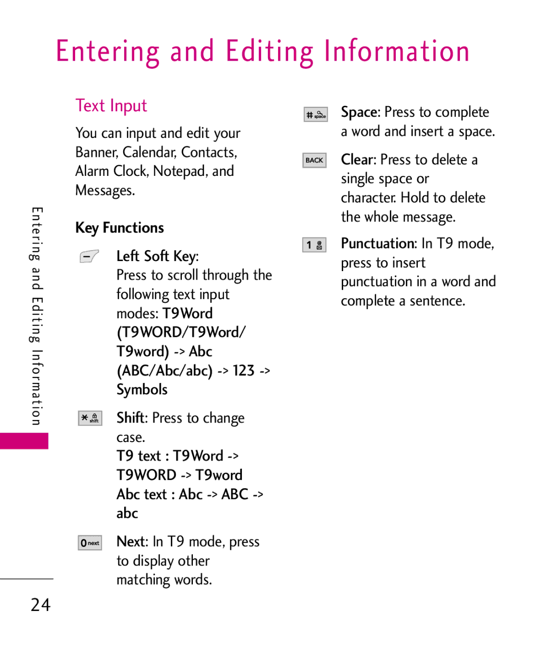 LG Electronics AX565 manual Entering and Editing Information, Text Input, Key Functions 