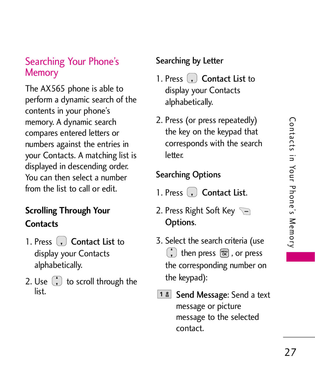 LG Electronics AX565 manual Searching Your Phone’s Memory, Scrolling Through Your Contacts, Press Contact List 