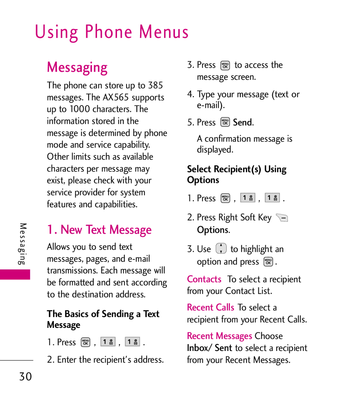 LG Electronics AX565 manual Using Phone Menus, New Text Message, Basics of Sending a Text Message 