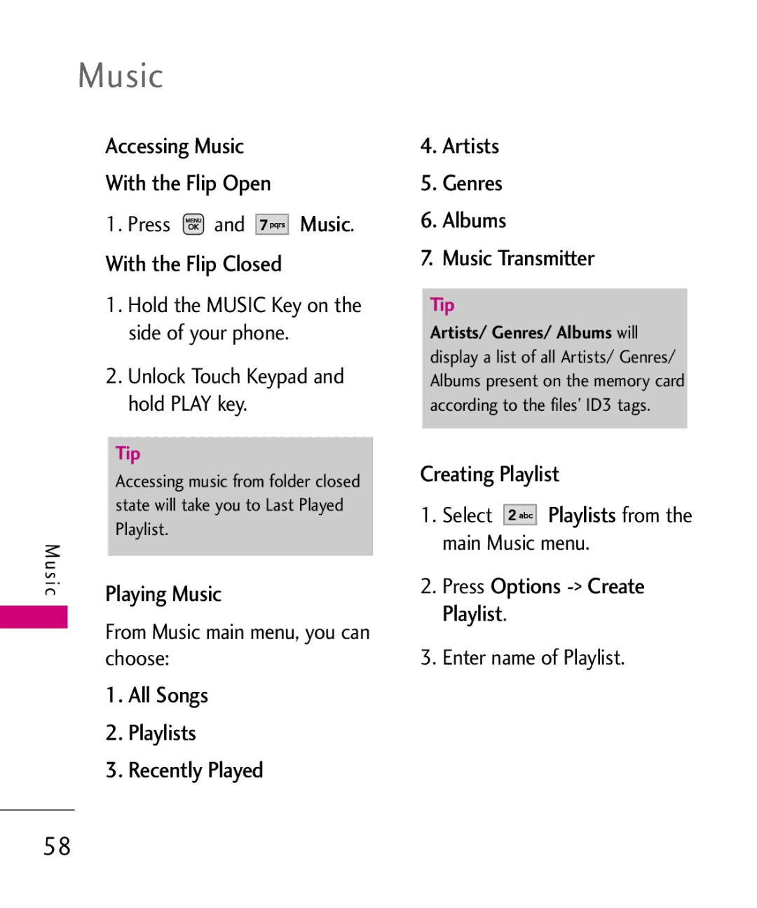 LG Electronics AX565 manual Accessing Music With the Flip Open, With the Flip Closed, Sic Playing Music, Creating Playlist 