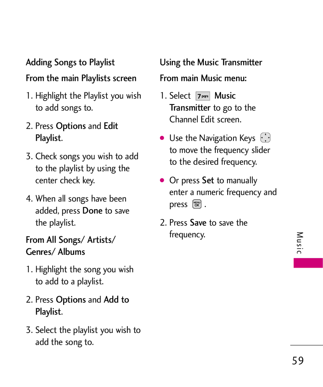 LG Electronics AX565 manual Adding Songs to Playlist, Using the Music Transmitter From main Music menu 