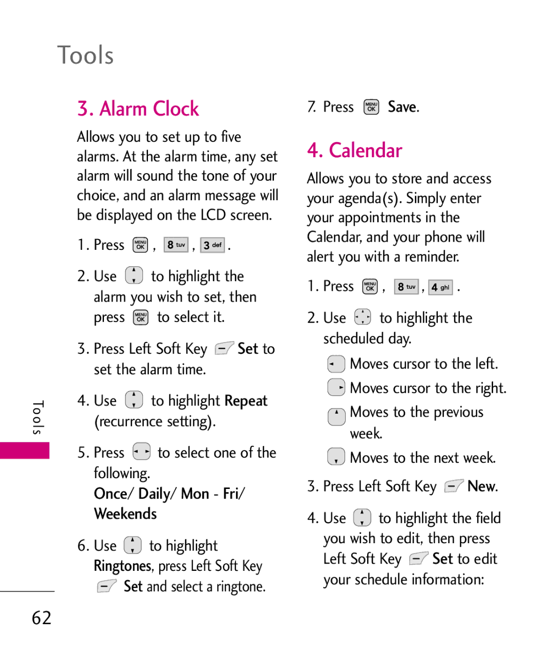 LG Electronics AX565 manual Alarm Clock, Calendar, Set to, Once/ Daily/ Mon Fri Weekends 