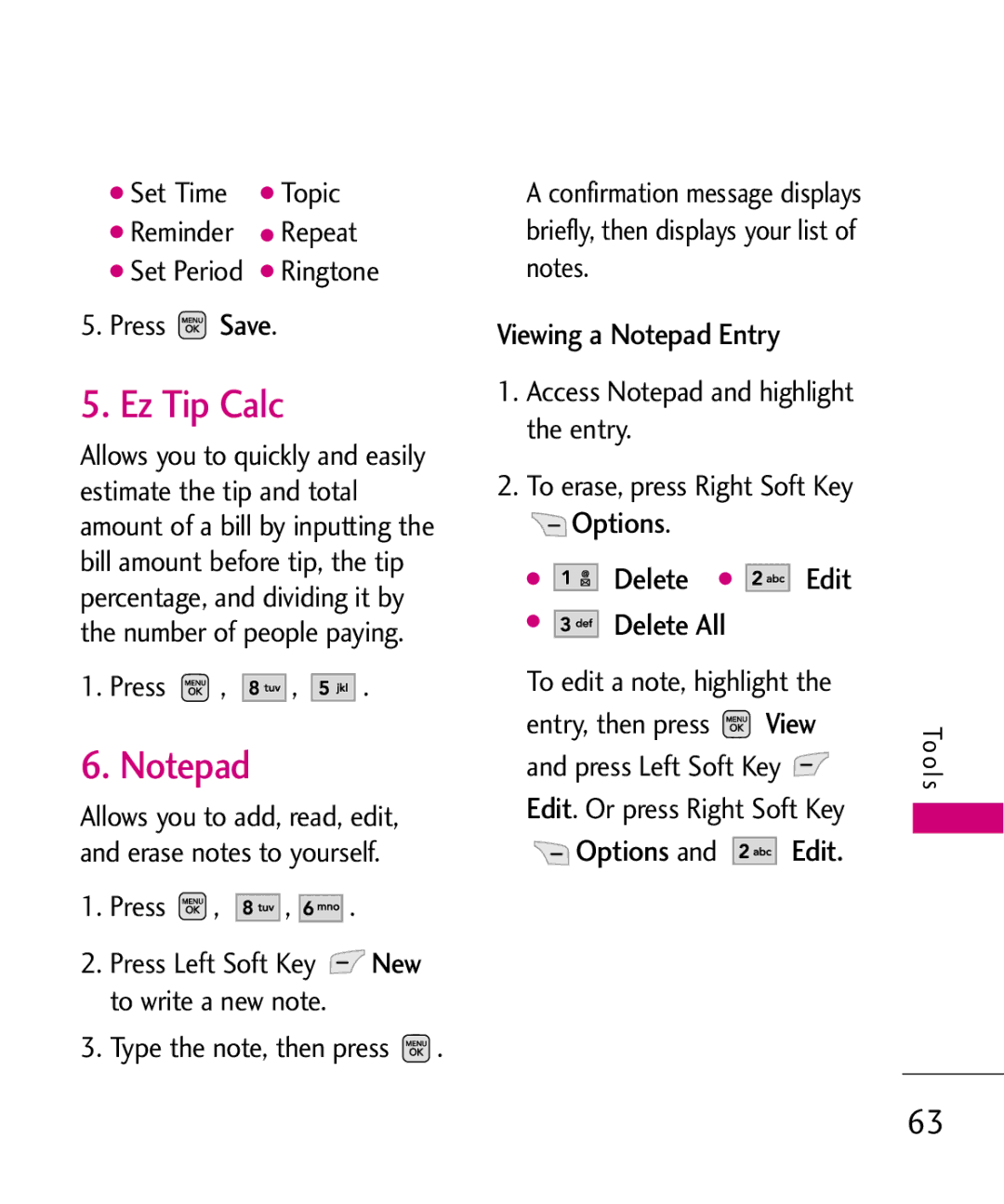 LG Electronics AX565 manual Ez Tip Calc, Viewing a Notepad Entry, Options Delete Edit Delete All 