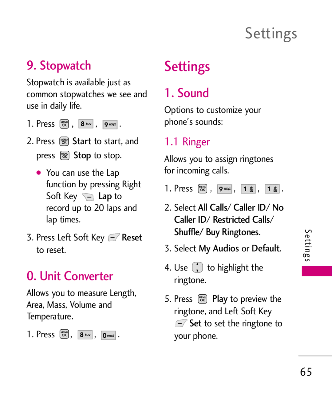 LG Electronics AX565 manual Settings, Stopwatch, Unit Converter, Sound, Ringer 