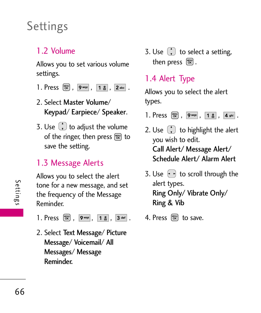 LG Electronics AX565 manual Volume, Alert Type, Ring Only/ Vibrate Only/ Ring & Vib 