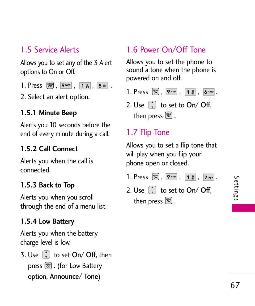 LG Electronics AX565 manual Service Alerts, Power On/Off Tone, Flip Tone 