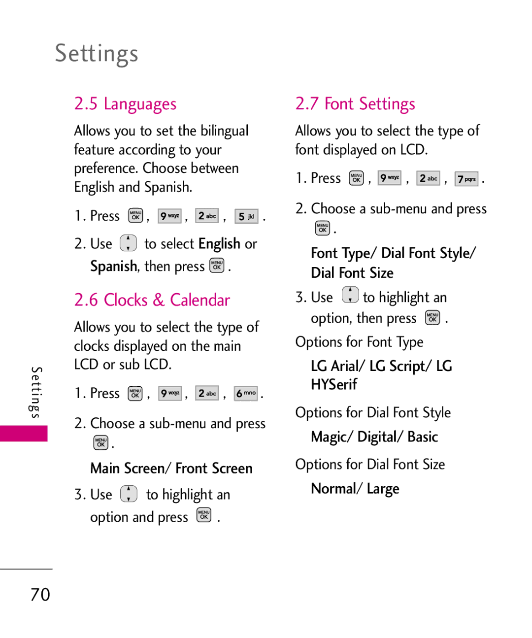 LG Electronics AX565 manual Languages, Clocks & Calendar, Font Settings 