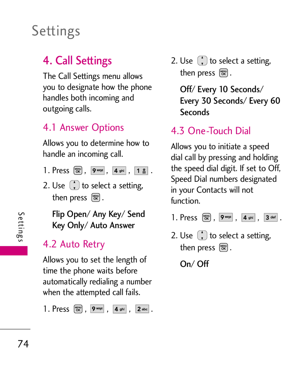 LG Electronics AX565 manual Call Settings, Answer Options, One-Touch Dial, On/ Off 