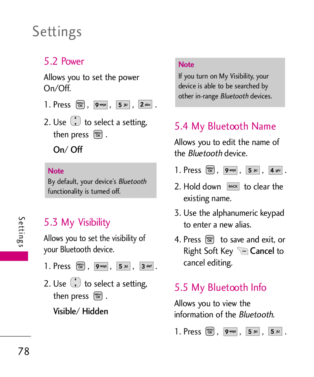LG Electronics AX565 manual Power, My Visibility, My Bluetooth Name, My Bluetooth Info, Visible/ Hidden 