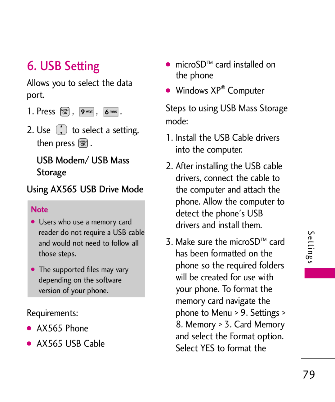 LG Electronics manual USB Setting, USB Modem/ USB Mass Storage, Using AX565 USB Drive Mode 