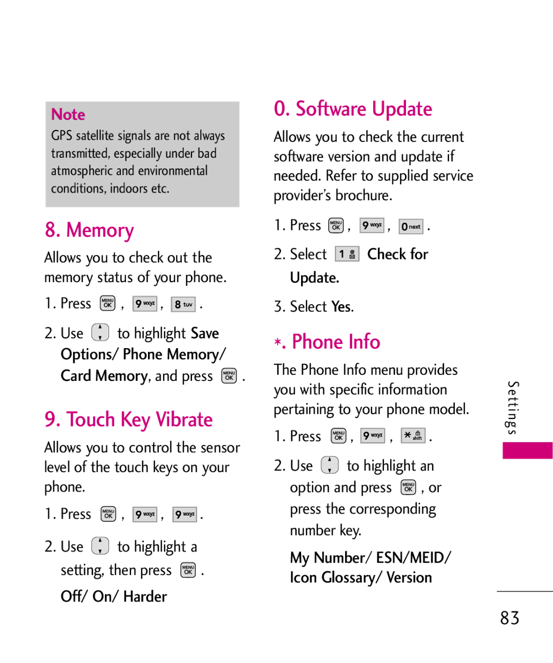 LG Electronics AX565 manual Memory, Touch Key Vibrate, Software Update, Phone Info, Off/ On/ Harder 