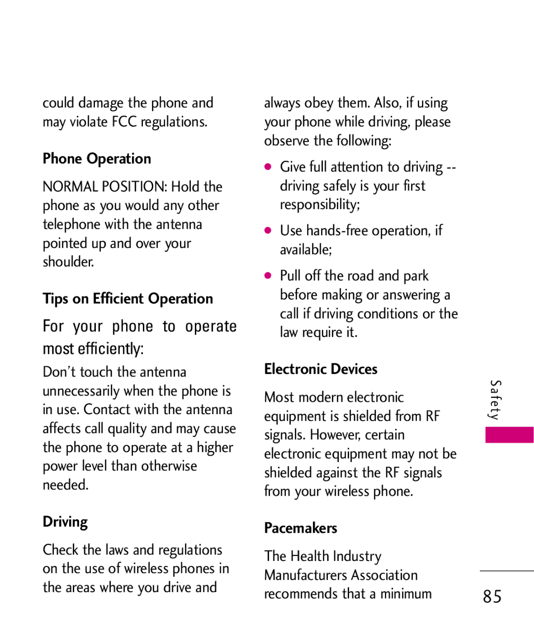 LG Electronics AX565 manual Phone Operation, Tips on Efficient Operation, Driving, Electronic Devices, Pacemakers 