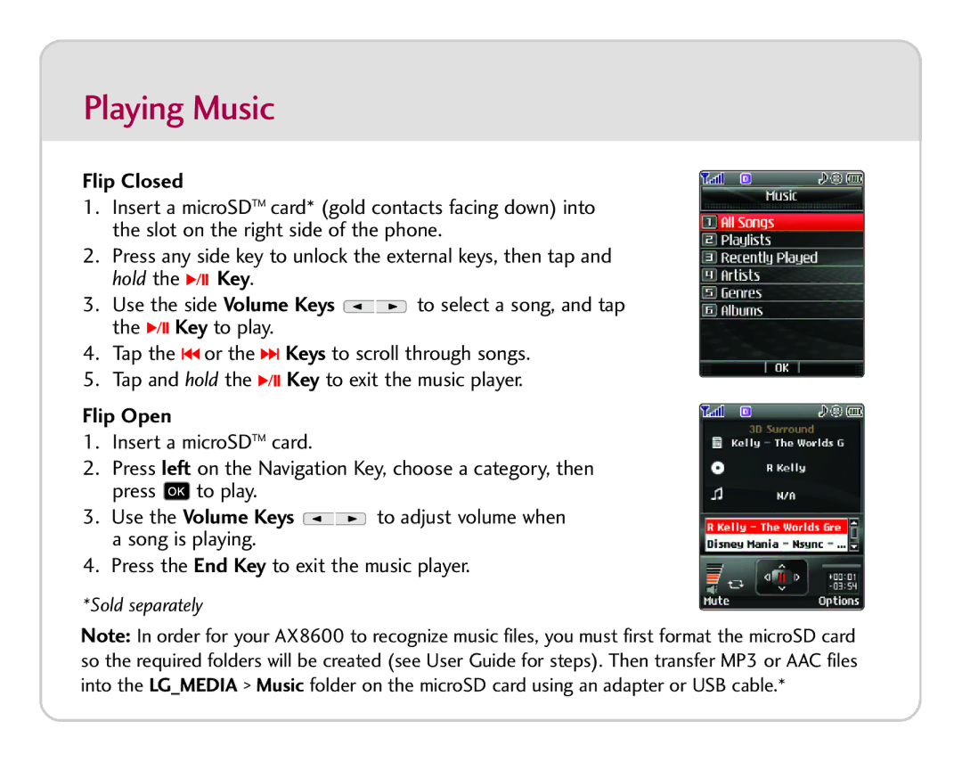 LG Electronics AX8600 quick start Playing Music, Flip Closed 