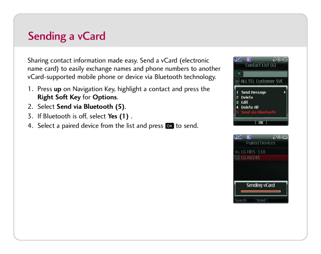 LG Electronics AX8600 quick start Sending a vCard 