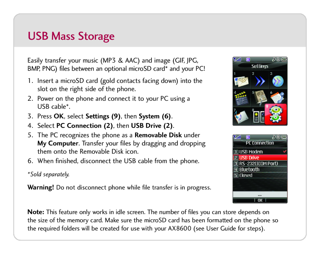 LG Electronics AX8600 quick start USB Mass Storage 