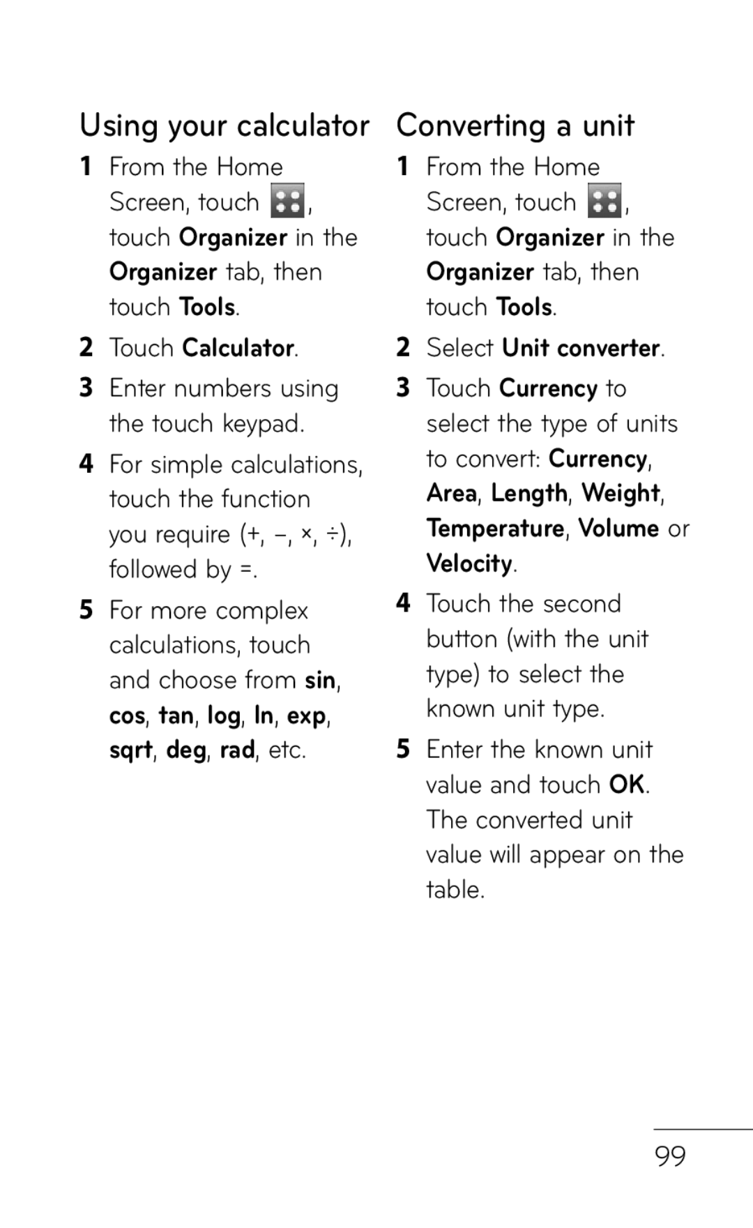 LG Electronics B016222 manual Using your calculator Converting a unit, Touch Calculator, Select Unit converter 