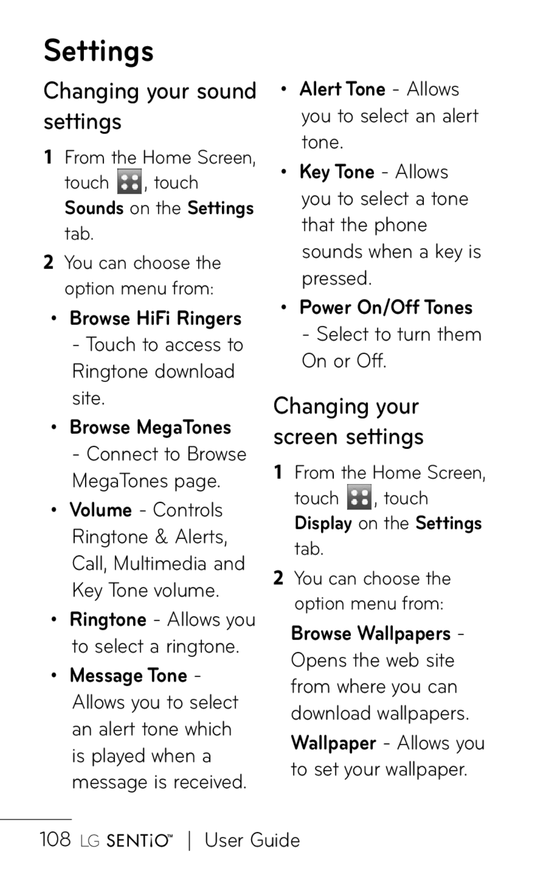 LG Electronics B016222 manual Settings, Changing your, Screen settings 