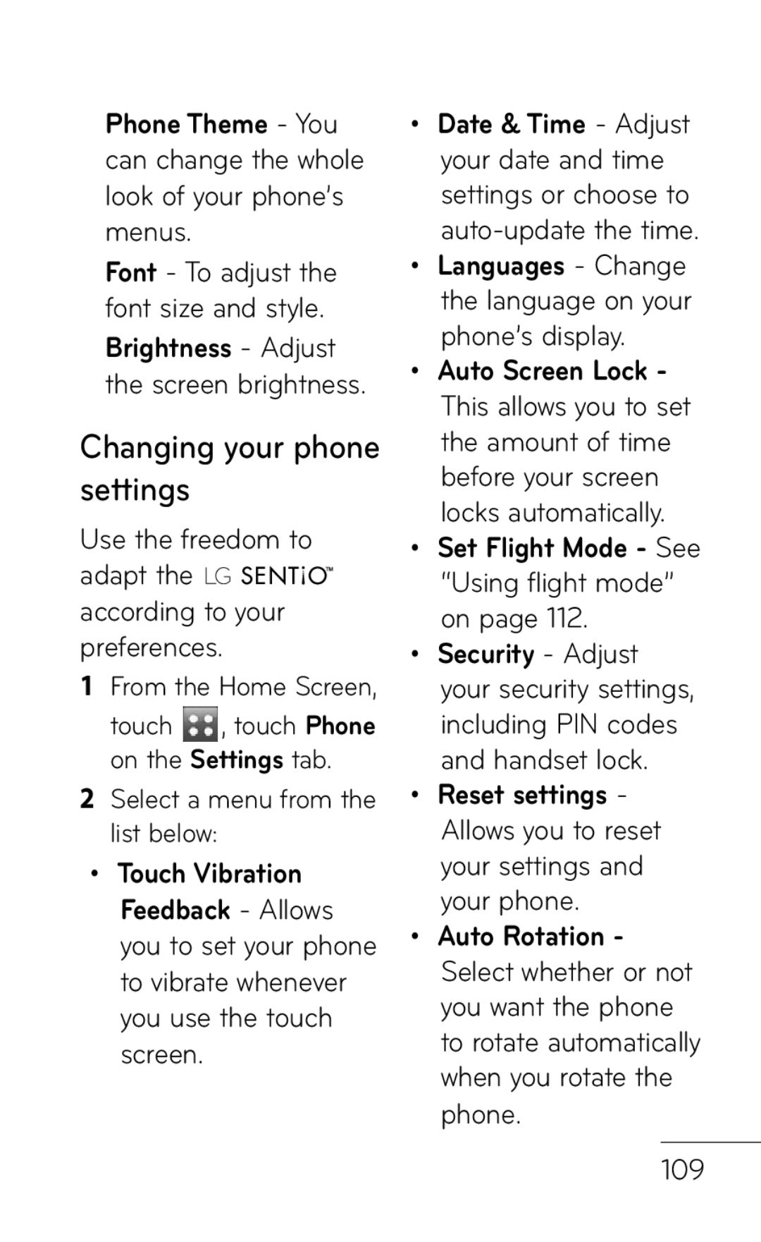 LG Electronics B016222 manual Changing your phone settings, Set Flight Mode See Using flight mode on, 109 