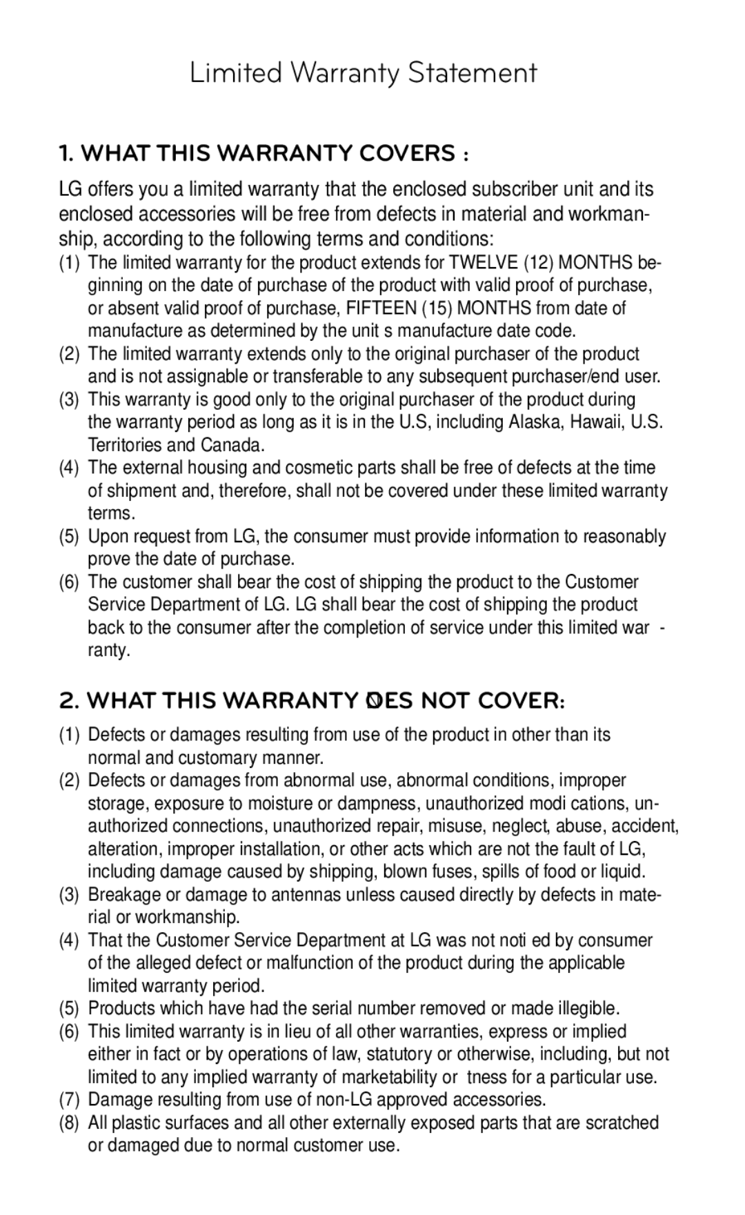 LG Electronics B016222 manual Limited Warranty Statement 