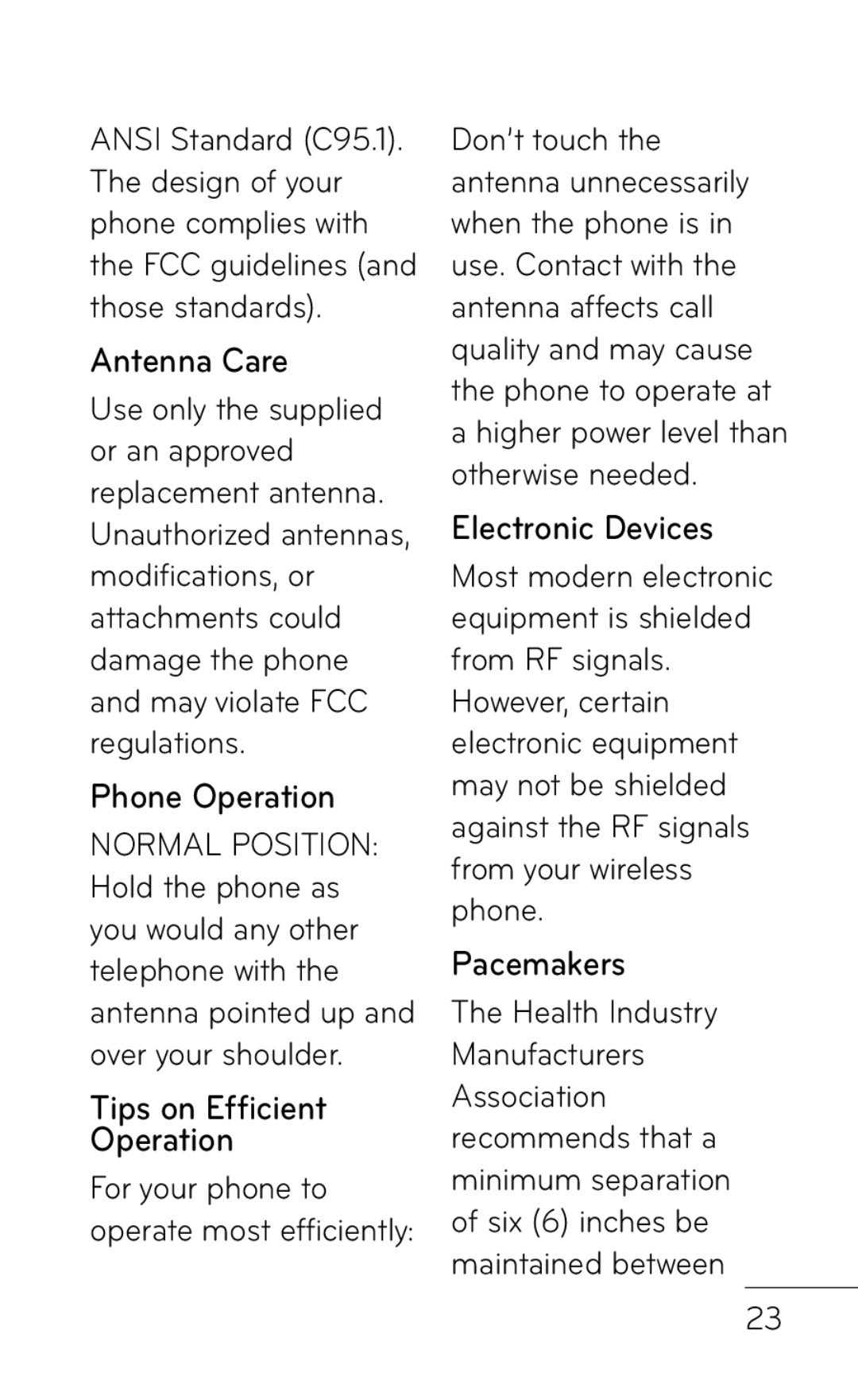 LG Electronics B016222 manual Antenna Care, Phone Operation, Tips on Efficient Operation, Electronic Devices, Pacemakers 