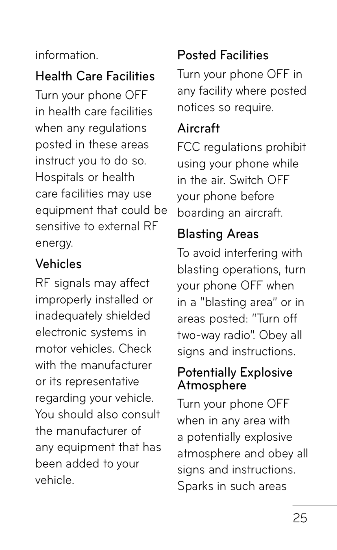 LG Electronics B016222 manual Health Care Facilities, Vehicles, Posted Facilities, Aircraft, Blasting Areas 