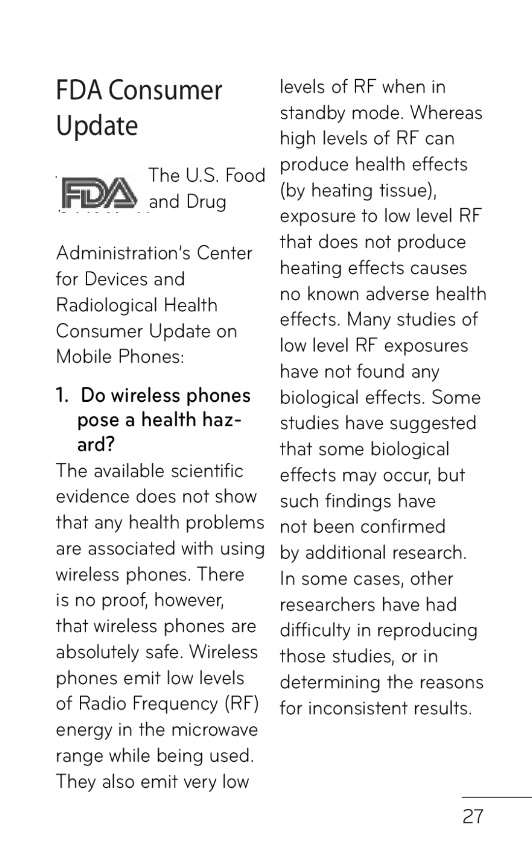 LG Electronics B016222 manual Do wireless phones pose a health haz- ard?, U.S. Food Drug 