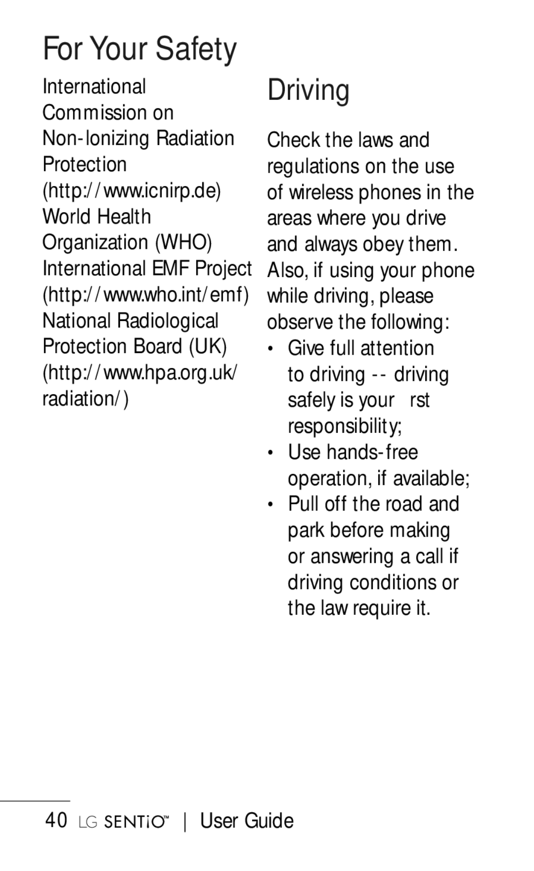 LG Electronics B016222 World Health Areas where you drive Organization WHO, International EMF Project, Pull off the road 