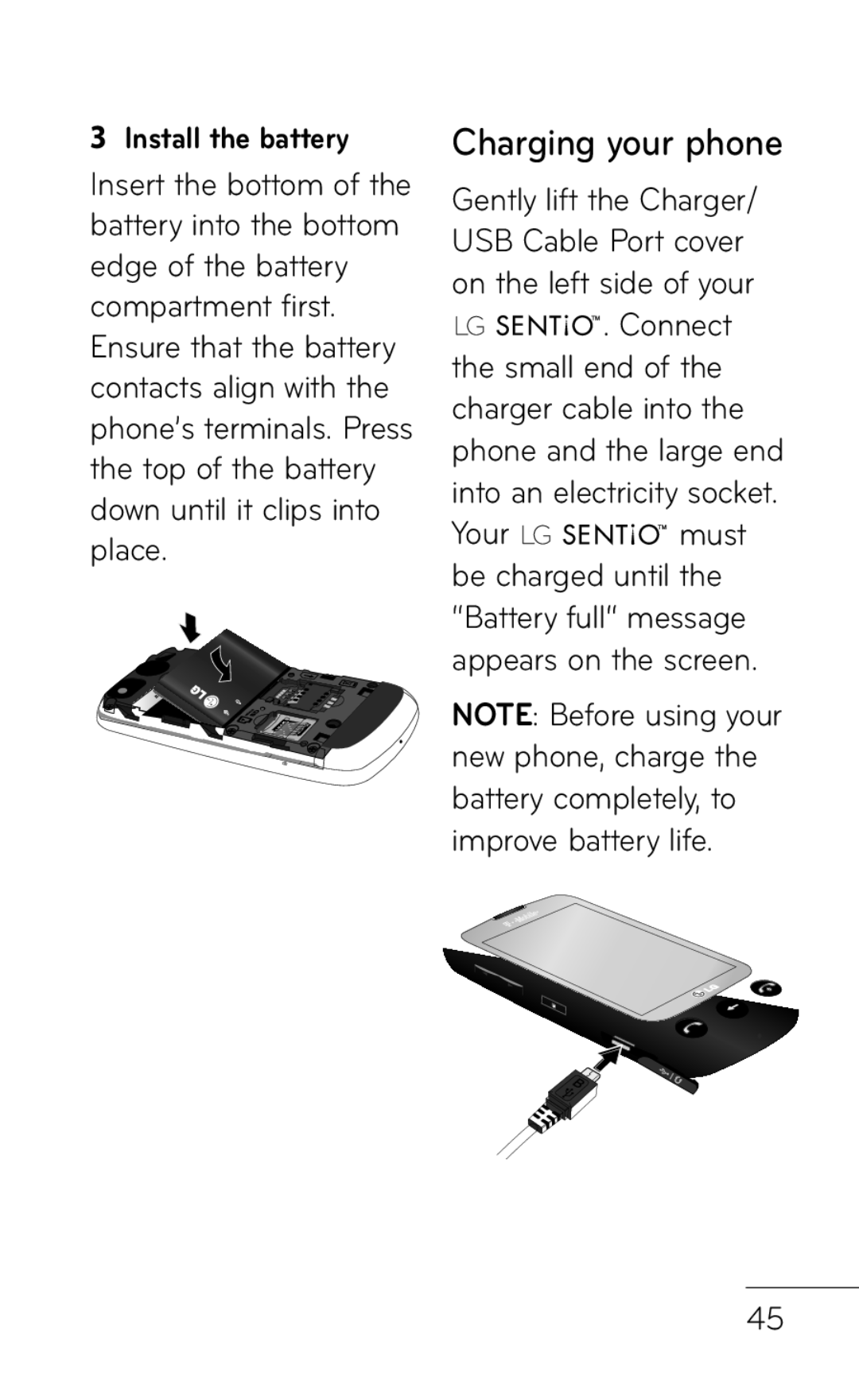 LG Electronics B016222 manual Charging your phone, Install the battery 