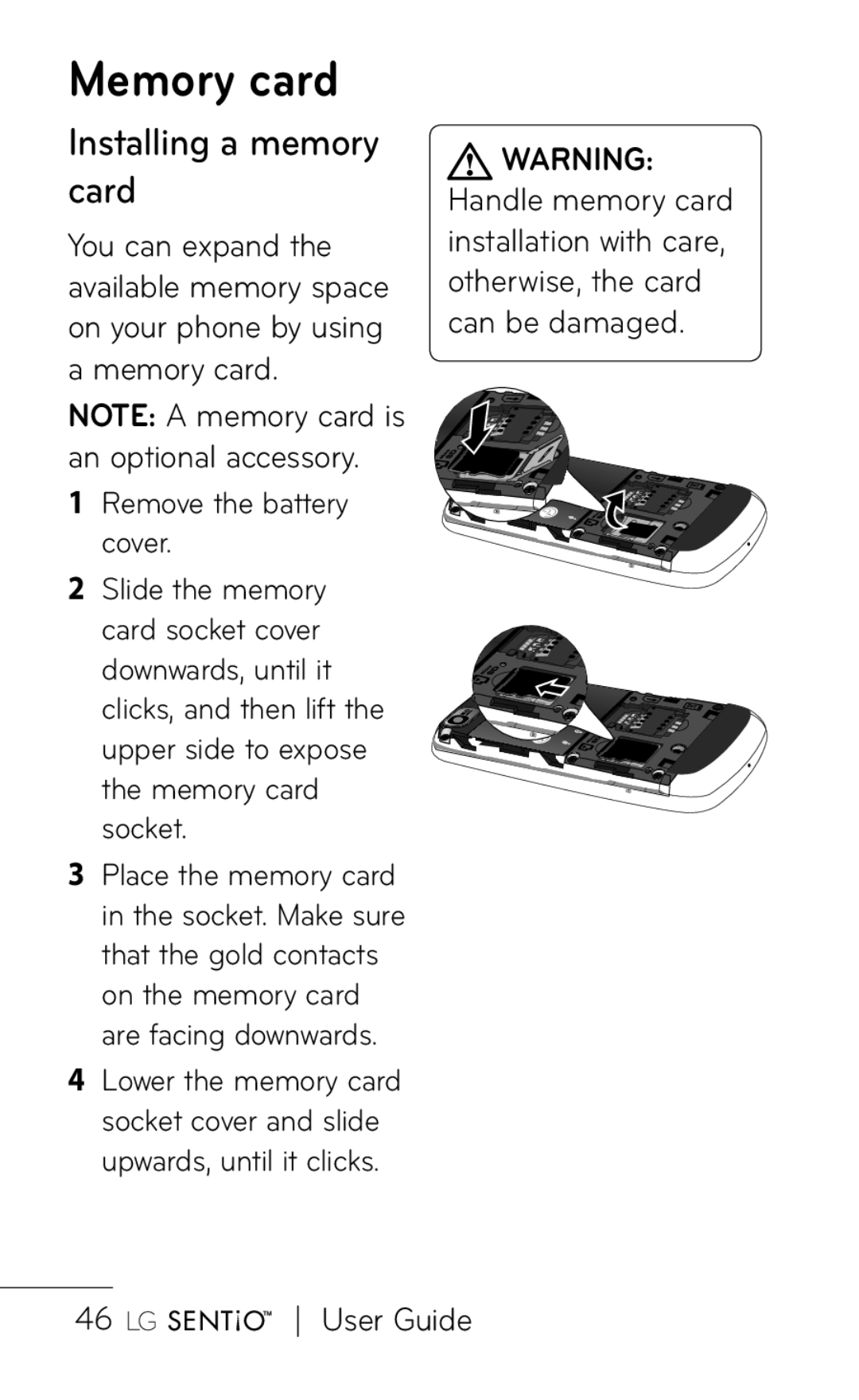 LG Electronics B016222 manual Memory card, Installing a memory card 