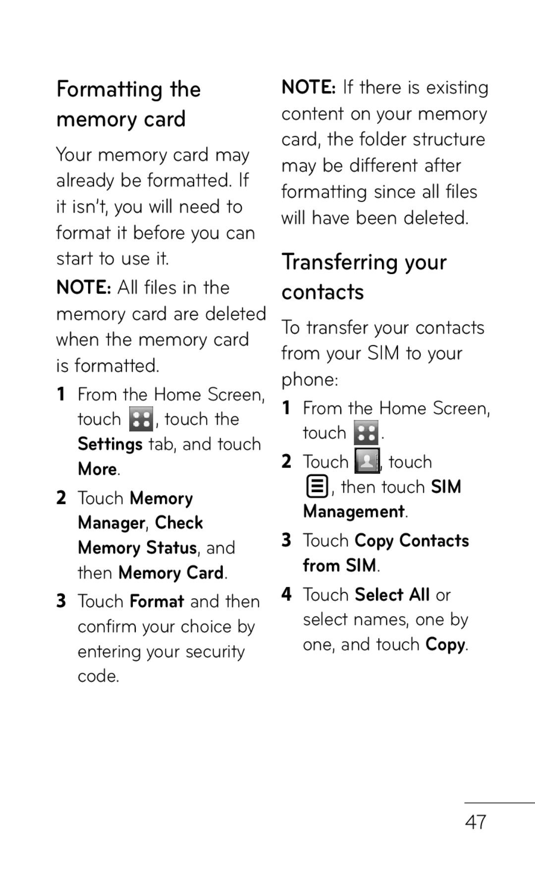 LG Electronics B016222 manual Transferring your contacts, Formatting the memory card 