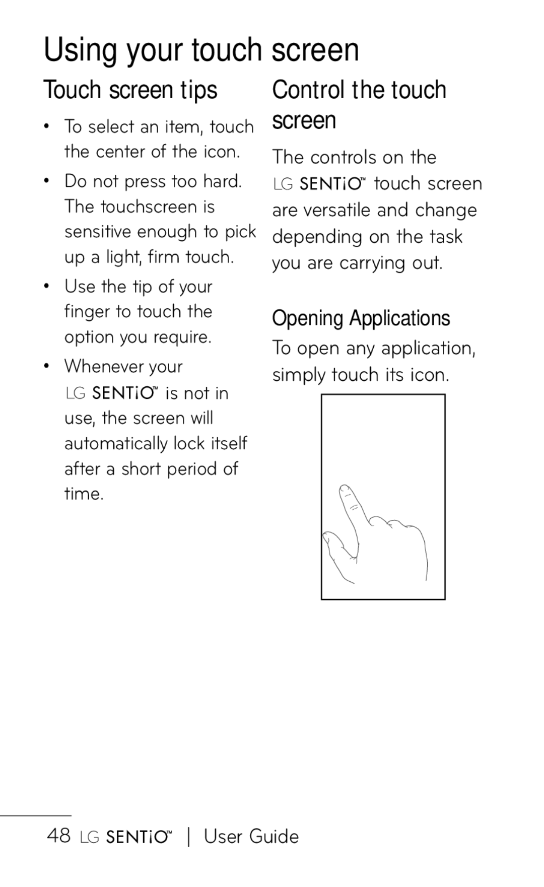 LG Electronics B016222 Using your touch screen, Touch screen tips, Control the touch screen, Controls on the touch screen 