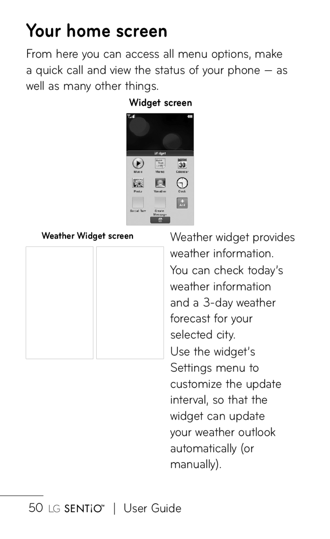 LG Electronics B016222 manual Your home screen, Widget screen 